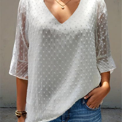 Sixsr V-neck Loose Chiffon Shirt, Casual 3/4 Long Sleeve Fashion Blouses Tops, Women's Clothing