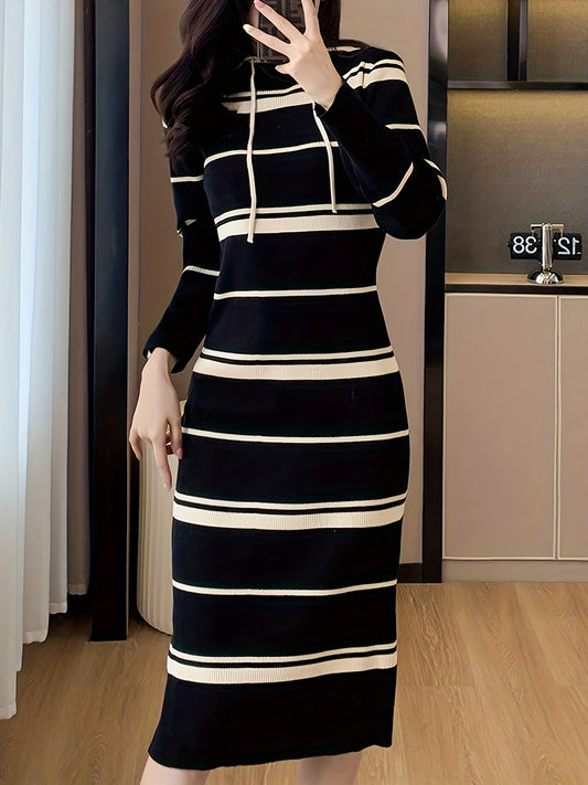 Sixsr Striped Pattern Drawstring Dress, Casual Hooded Bodycon Midi Dress, Women's Clothing