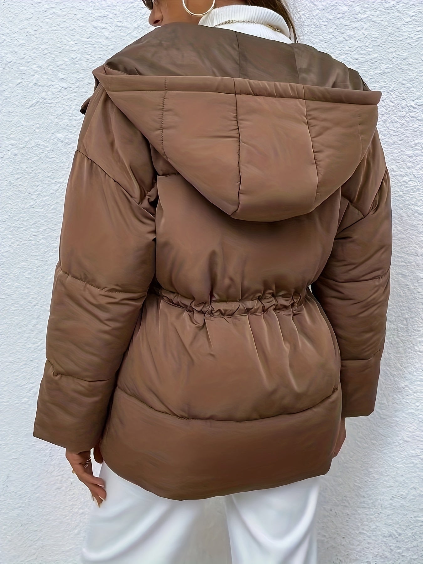 Sixsr Drawstring Warm Hooded Coat, Casual Zip Up Long Sleeve Winter Outerwear, Women's Clothing