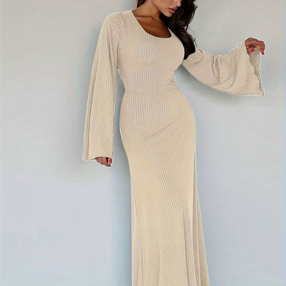 Sixsr Solid Flared Long Sleeve Dress, Casual Squared Neck Maxi Dress, Women's Clothing