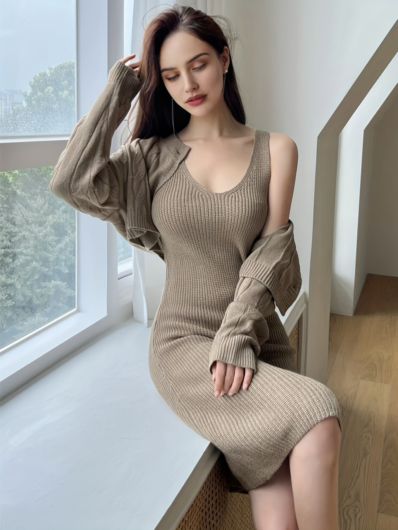 Women's Elegant Two-piece Set - Cropped Cable Knit Cardigan & Sleeveless Knee Length Dress Outfit for a Stylish and Comfortable Look