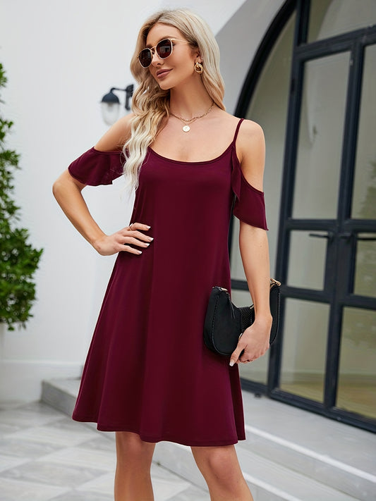 Sixsr Versatile Cold Shoulder Dress, Elegant Spaghetti Ruffle Trim Dress, Women's Clothing