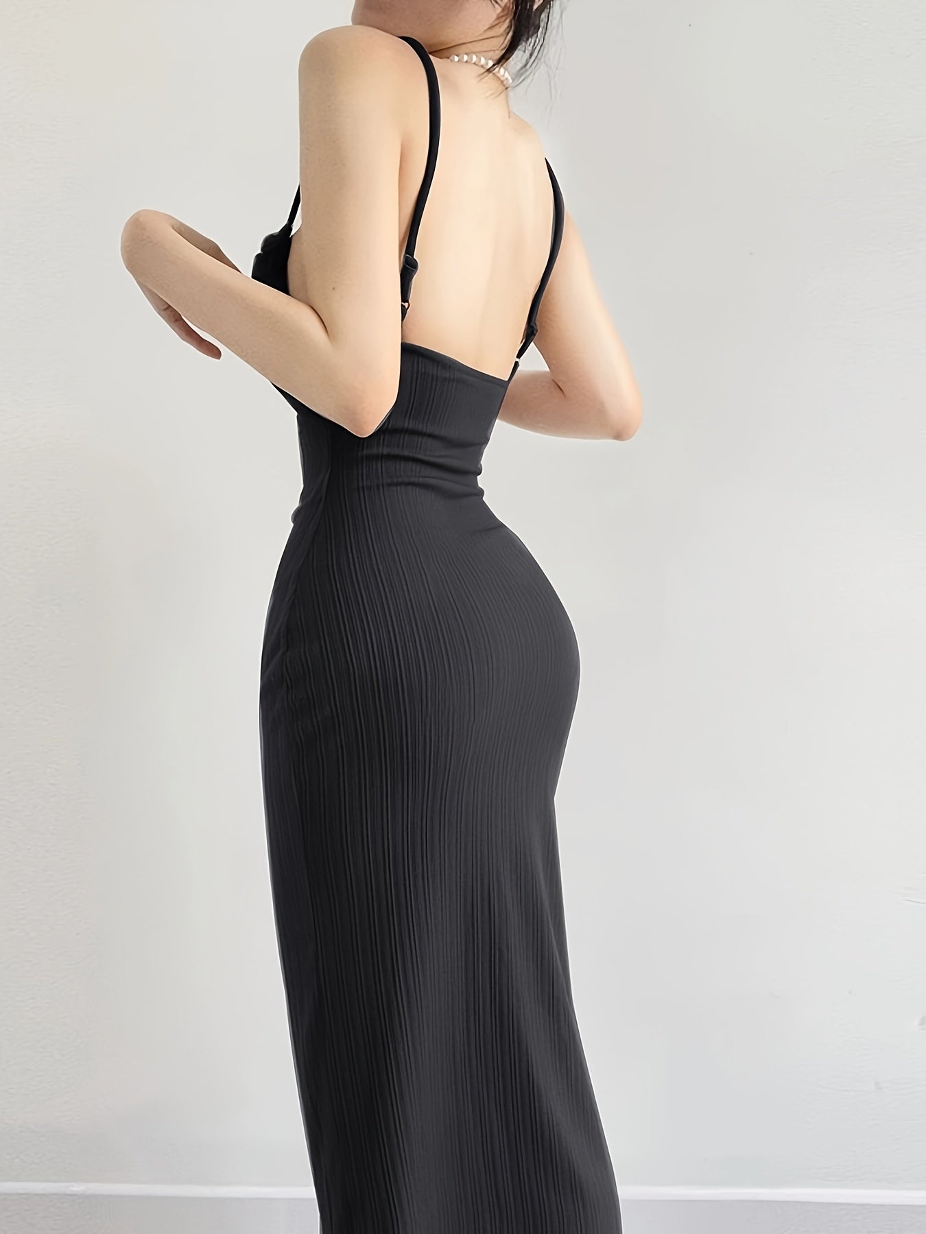 Solid Backless Cami Dress, Elegant Bodycon Suspender Maxi Dress, Womens Clothing