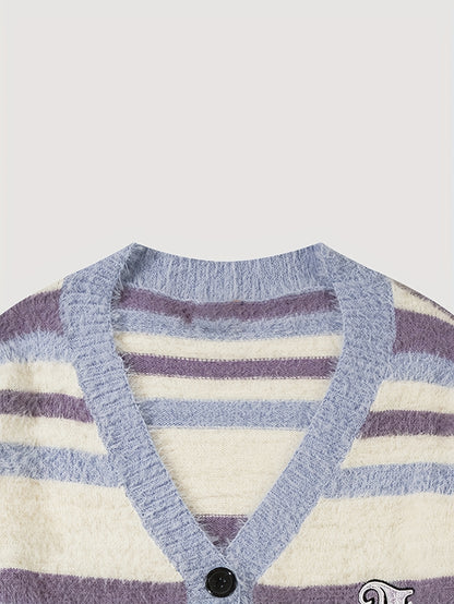 Sixsr Elegant Slightly Stretch Striped Cardigan Coat, Men's Casual Vintage Style V Neck Button Up Cardigan For Fall Winter