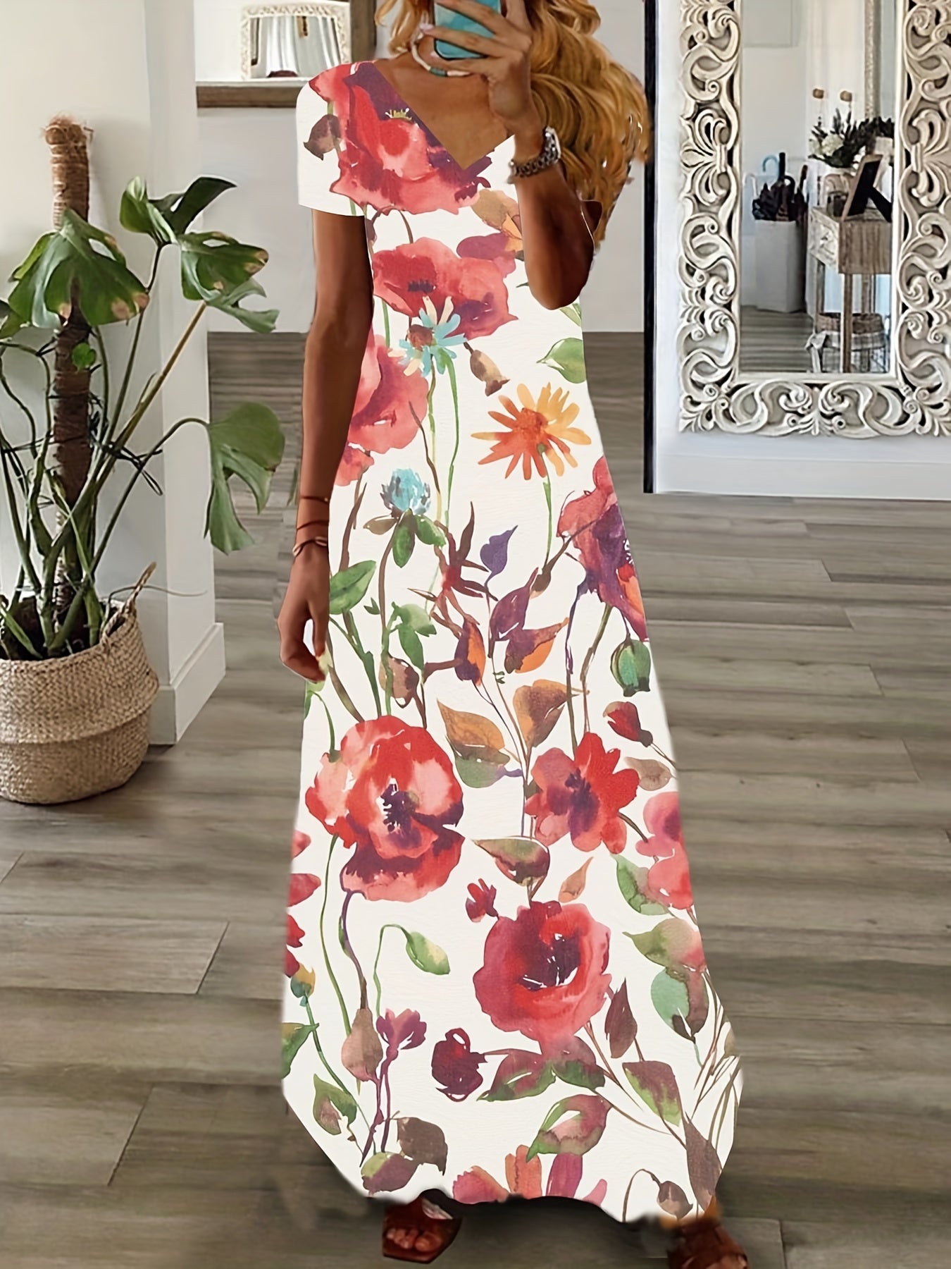 Plus Size Casual Dress, Women's Plus Floral Print Short Sleeve V Neck Medium Stretch Maxi Dress