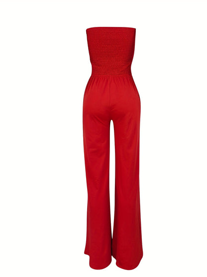 Sixsr Drawstring Shirred Tube Jumpsuit, Casual Off Shoulder Wide Leg Jumpsuit, Women's Clothing