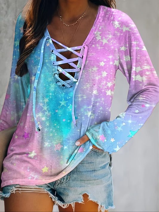 Tie Dye Criss Cross V Neck Long Sleeve T-shirt, Casual Spring & Fall Loose T-shirt, Women's Clothing