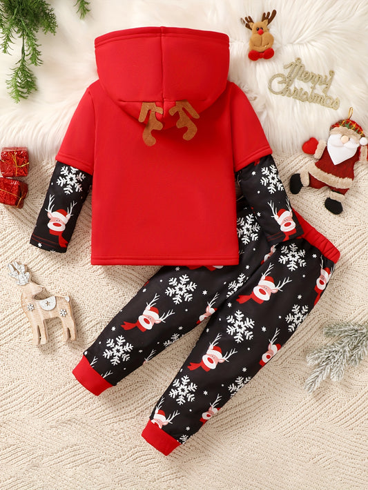 Boys' Christmas Outfit Set, Long Sleeve Hoodie with Reindeer Antlers & Snowflake Print Pants, Casual Knit Pullover with Random Print, Polyester Blend, Regular Fit, for Autumn/Winter Season, For Outdoor