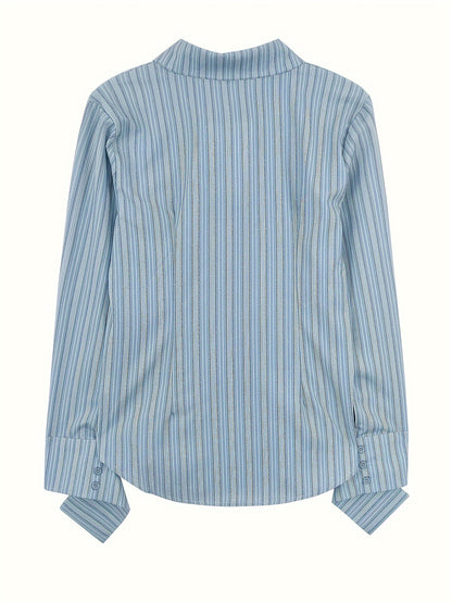 Sixsr Striped Print Button Front Shirt, Casual Long Sleeve Shirt For Spring & Fall, Women's Clothing