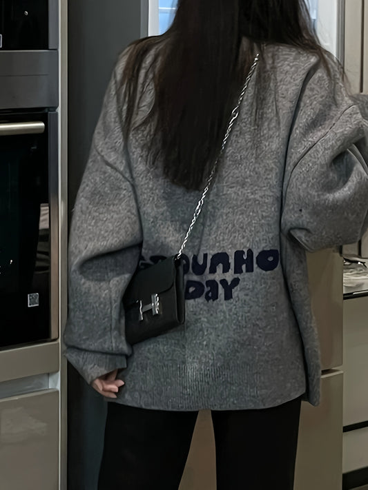 Sixsr Letter & Cartoon Pattern Pullover Sweater, Casual Long Sleeve Crew Neck Sweater, Women's Clothing