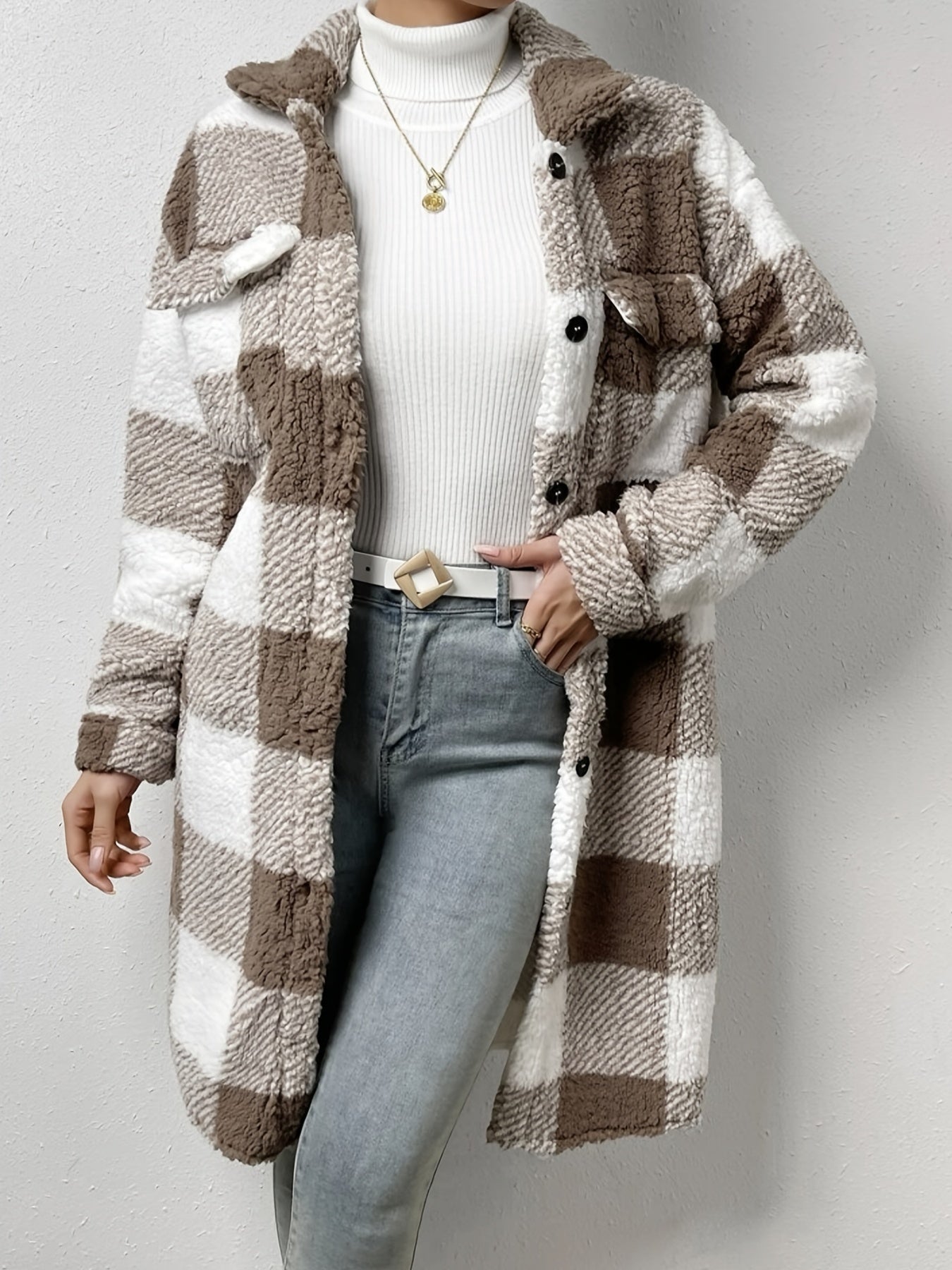 Sixsr Plaid Pattern Teddy Coat, Casual Button Front Long Sleeve Outerwear, Women's Clothing