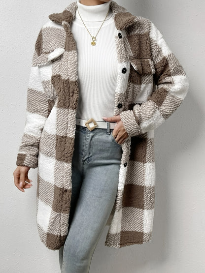 Sixsr Plaid Pattern Teddy Coat, Casual Button Front Long Sleeve Outerwear, Women's Clothing