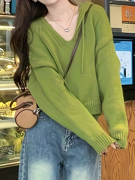 Sixsr Solid Drawstring Hooded Sweater, Casual Long Sleeve Drop Shoulder Loose Sweater, Women's Clothing