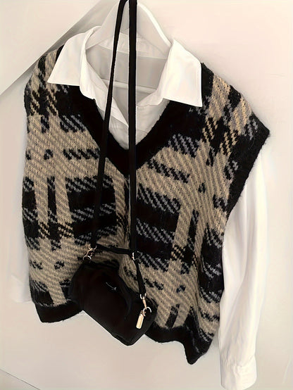 Sixsr Plaid Pattern V Neck Knit Vest, Vintage Long Sleeve Loose Sweater Vest, Women's Clothing