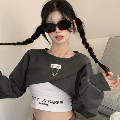 Sixsr Casual Two-piece Top Set, Crop Crew Neck Long Sleeve Sweatshirt & Letter Print Crop Summer Top, Women's Clothing