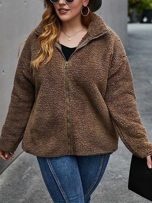 Sixsr Plus Size Cute Coat, Women's Plus Solid Fleece Long Sleeve Zip Up High Neck Teddy Coat