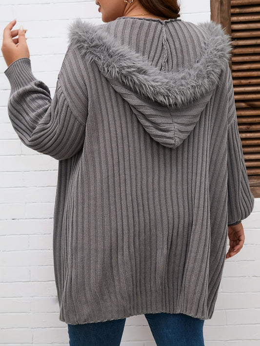 Sixsr Solid Open Front Rib Knit Cardigan, Casual Hooded Long Sleeve Loose Sweater Coat, Women's Clothing