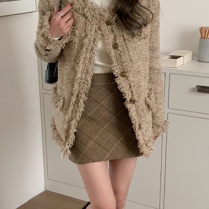 Sixsr Raw Trim Button Front Coat, Chic Long Sleeve Pocket Coat For Fall & Winter, Women's Clothing