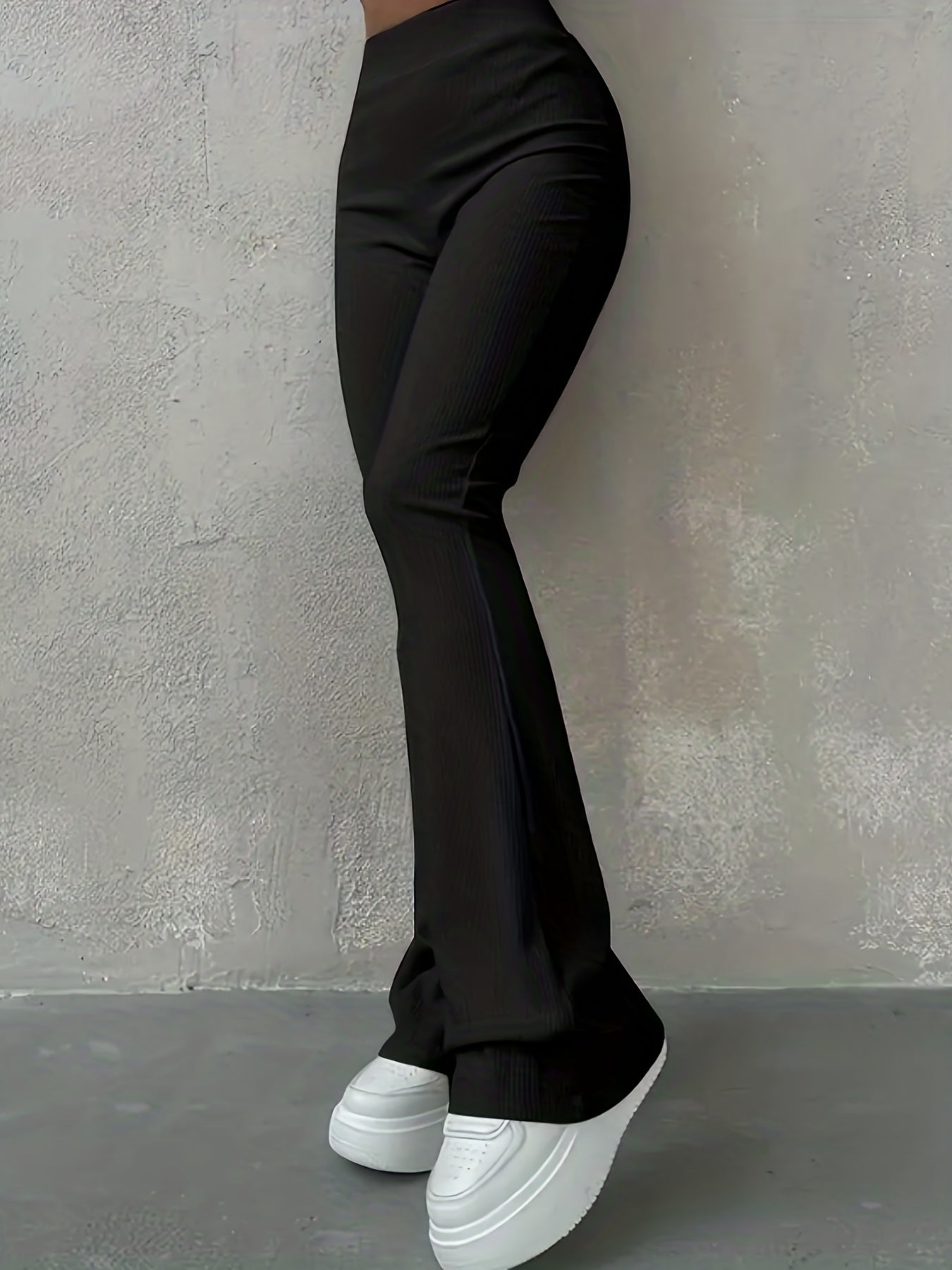 Sixsr Solid Ribbed Flare Leg Pants, High Waist Slim Elastic Pants, Women's Clothing