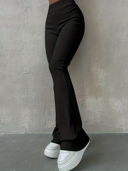 Sixsr Solid Ribbed Flare Leg Pants, High Waist Slim Elastic Pants, Women's Clothing