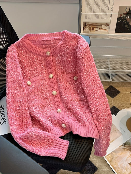 Sixsr Solid Button Front Cardigan, Casual Long Sleeve Pocket Outwear, Women's Clothing
