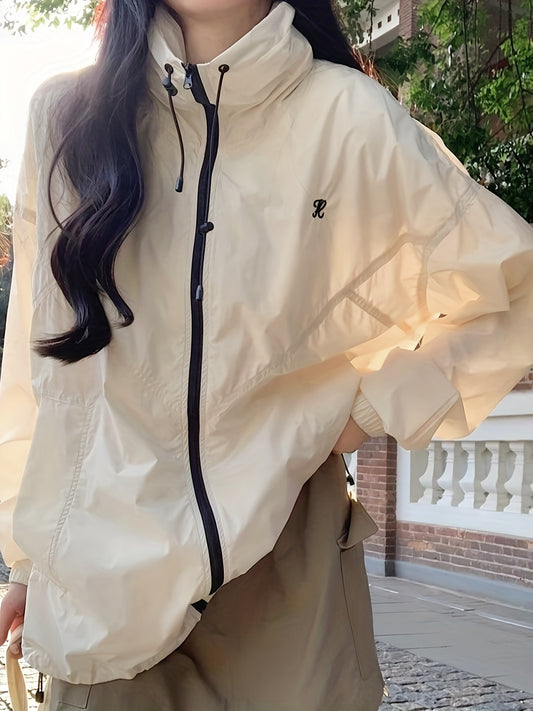 Sixsr Zip Up Windproof Jacket, Casual High Neck Long Sleeve Outerwear, Women's Clothing