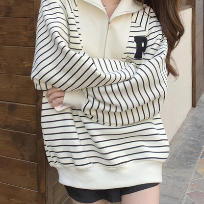 Sixsr Letter Patch Striped Print Sweatshirt, Casual Long Sleeve Quarter Zip Sweatshirt For Fall & Winter, Women's Clothing