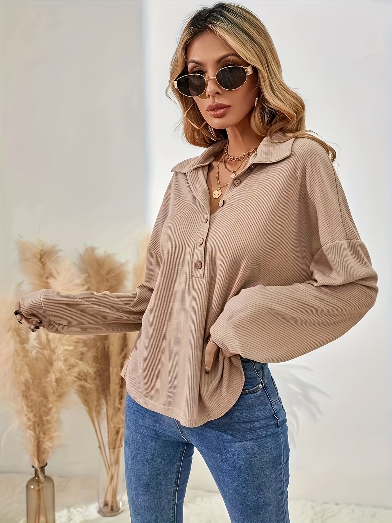 Sixsr Solid Button Front Collared T-Shirt, Casual Long Sleeve Top For Spring & Fall, Women's Clothing