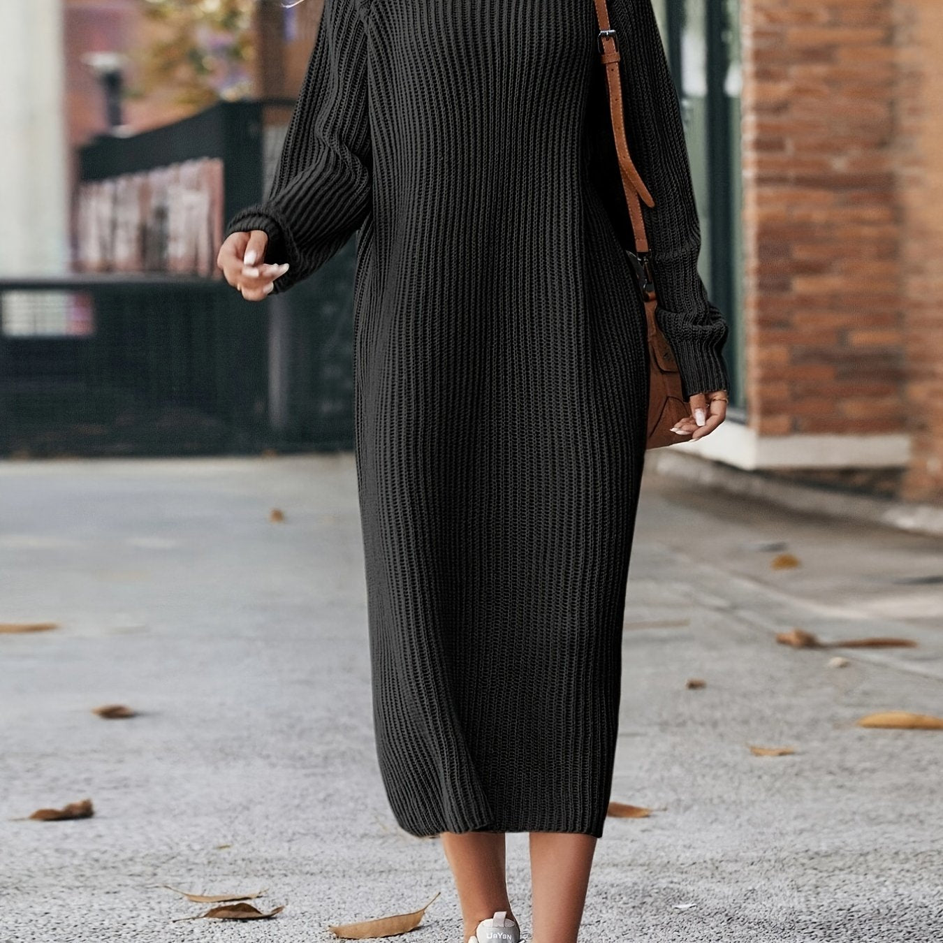 Sixsr Turtleneck Ribbed Sweater Dress, Casual Solid Long Sleeve Midi Dress, Women's Clothing