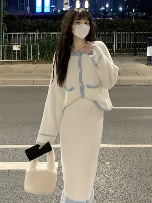 Sixsr Color Block Button Front Knitted Cardigan Sweater, Casual Long Sleeve Sweater For Fall & Winter, Women's Clothing