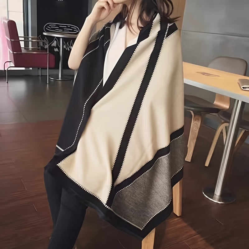 Sixsr Elegant Color Block Fringe Scarf Stylish Soft Warm Shawl Autumn Winter Windproof Blanket Scarf