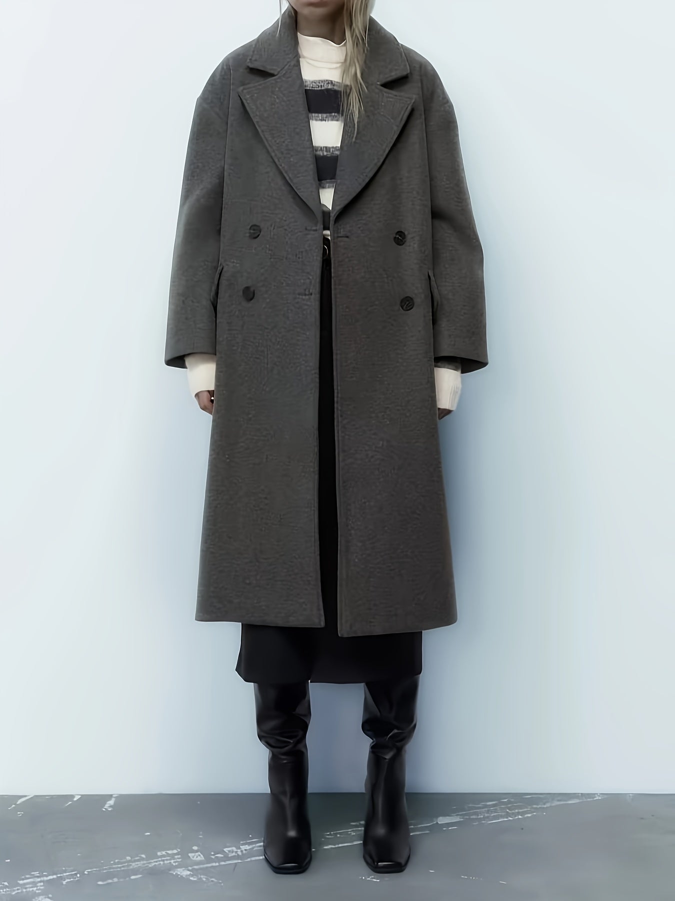 Sixsr Solid Double Breasted Lapel Overcoat, Elegant Long Sleeve Winter Warm Outwear, Women's Clothing