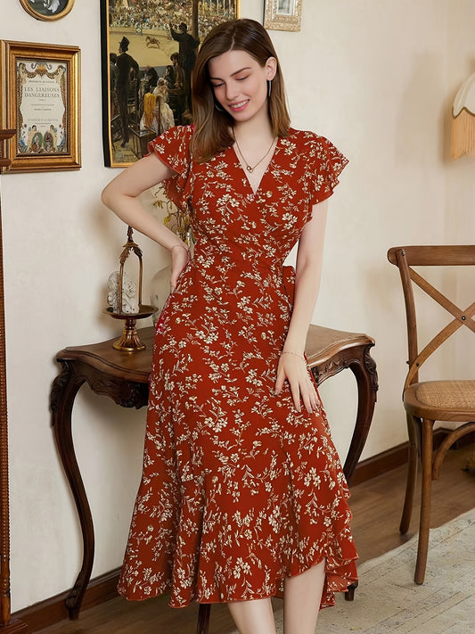 Sixsr Floral Print Vacation Deep V Neck Dress, Elegant Casual Every Day Dress For All Season, Women's Clothing