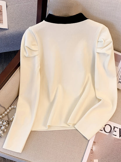 Sixsr Contrast Trim Crew Neck Knit Sweater, Casual Long Sleeve Ruched Sweater, Women's Clothing