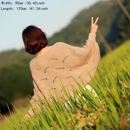 Sixsr Elegant Hollow Out Knitted Shawl Stylish Solid Color Pullover Coat Autumn Winter Warm Versatile Bat Sleeves Cloak