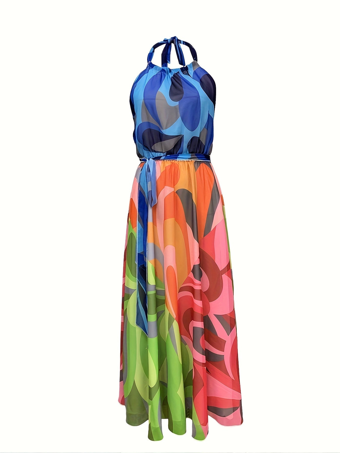 Colorful Allover Print Halter Dress, Vacation Sleeveless Tie Backless Dress, Women's Clothing