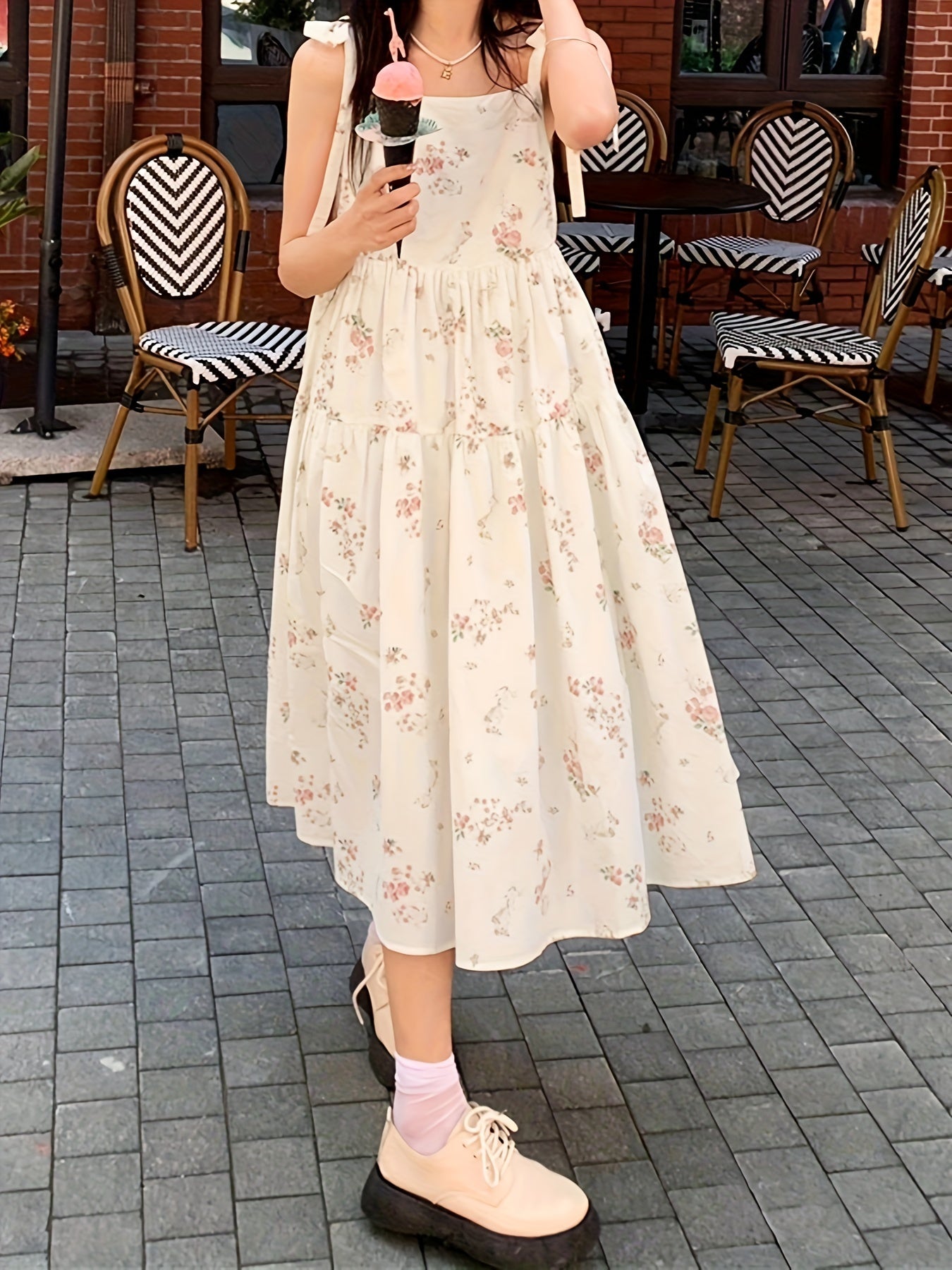 Sixsr Floral Print Knot Strap Dress, Sleeveless Straight Neck Loose Babydoll Dress, Women's Clothing