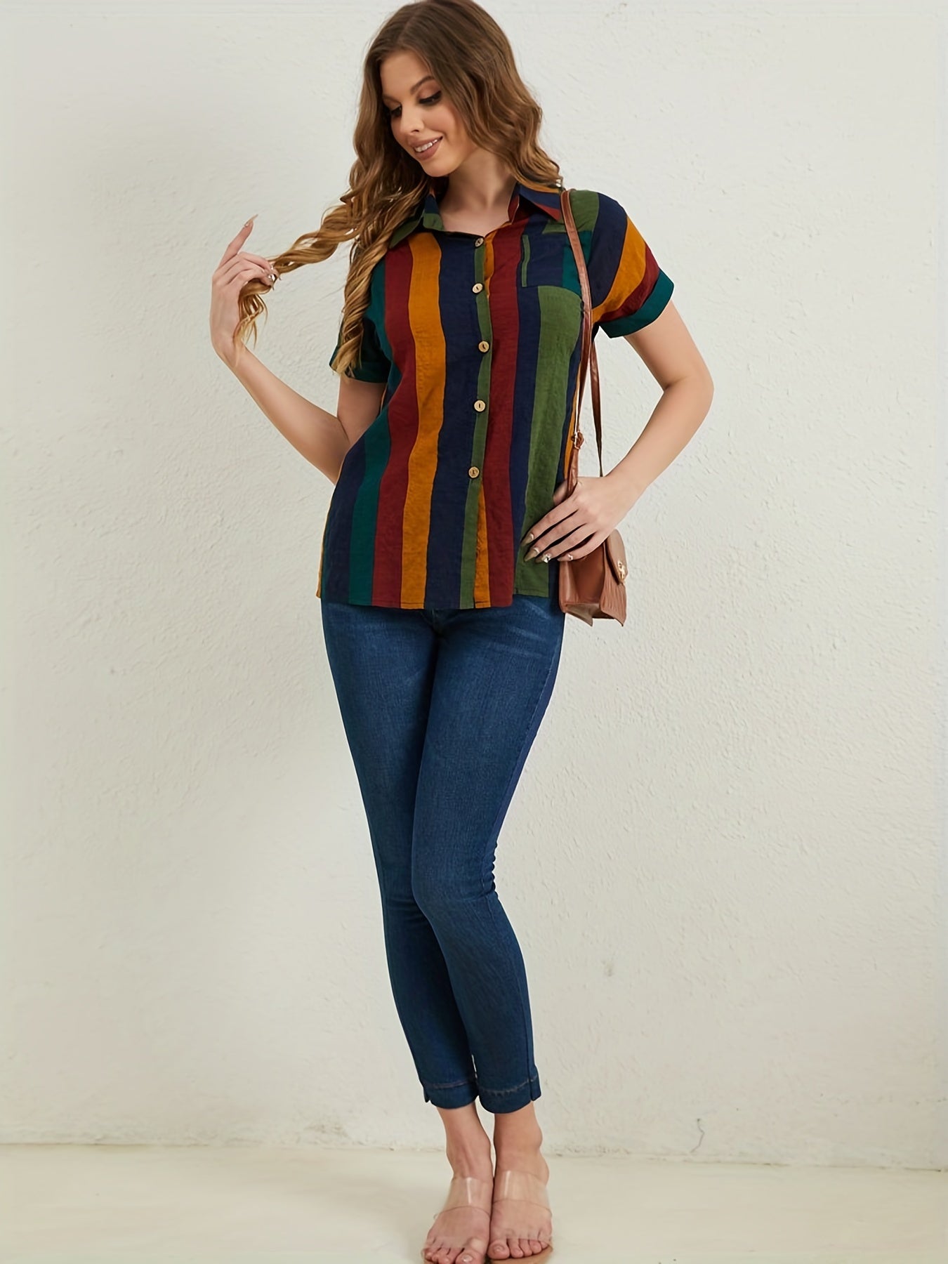 Sixsr Striped Button Front Blouse, Casual Short Sleeve Blouse For Spring & Summer, Women's Clothing