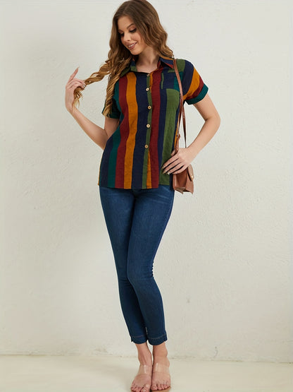 Sixsr Striped Button Front Blouse, Casual Short Sleeve Blouse For Spring & Summer, Women's Clothing