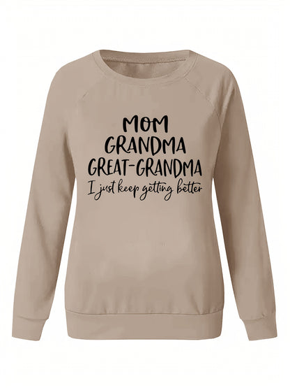 Sixsr Grandma Letter Print Solid Pullover, Long Sleeve Crew Neck Casual Sweatshirt, Women's Clothing