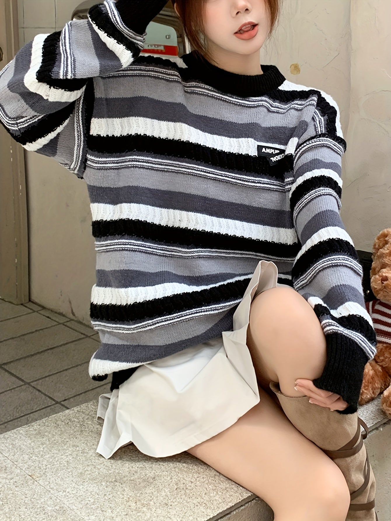 Sixsr Striped Crew Neck Pullover Sweater, Casual Long Sleeve Drop Shoulder Sweater, Women's Clothing