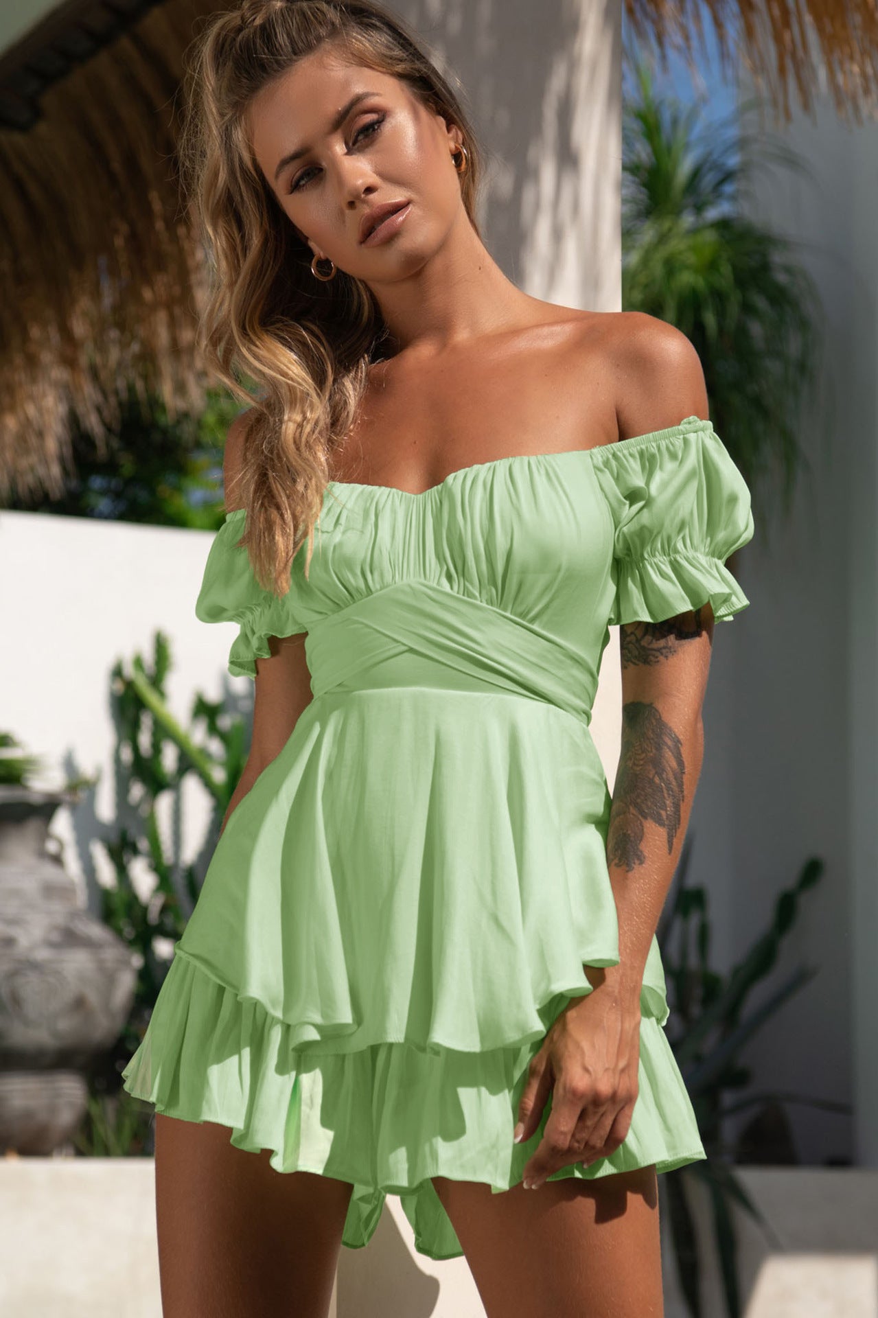 Solid Ruffle Trim Dress, Elegant Ruched Short Sleeve Layered Dress, Women's Clothing