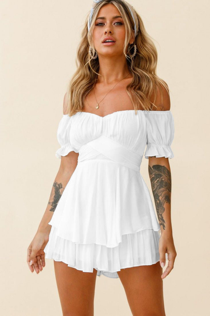 Solid Ruffle Trim Dress, Elegant Ruched Short Sleeve Layered Dress, Women's Clothing