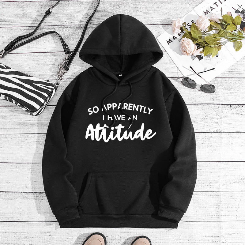 Sixsr I Have An Attitude Print Hoodies, Drawstring Kangaroo Pocket Casual Sweatshirt For Spring & Fall, Women's Clothing