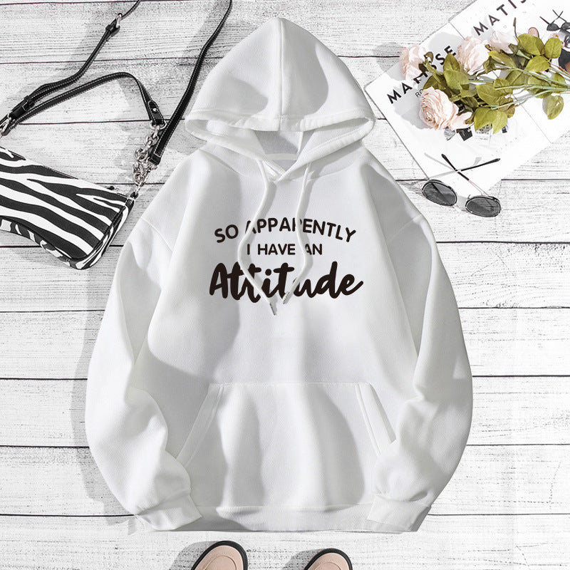 Sixsr I Have An Attitude Print Hoodies, Drawstring Kangaroo Pocket Casual Sweatshirt For Spring & Fall, Women's Clothing