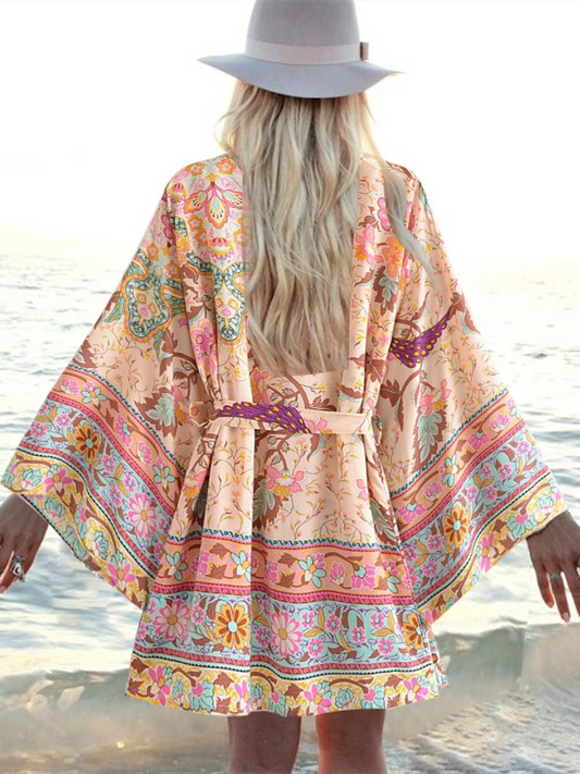 Vintage Peacock Floral Print Sashes Bohemian Kimono Women V Neck Batwing Sleeves Short Robe Boho Bikini Cover-ups