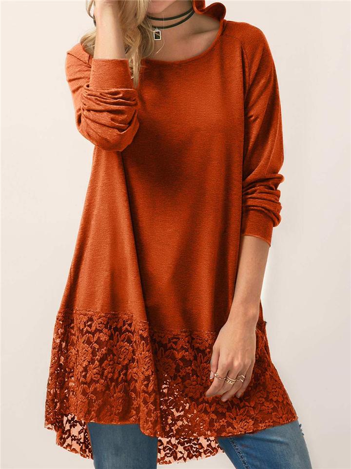 Women Pure Color Lace Patchwork Long Sleeve T-shirt With Hood