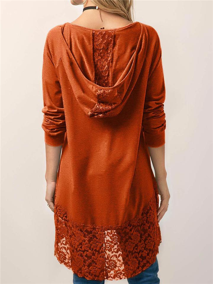 Women Pure Color Lace Patchwork Long Sleeve T-shirt With Hood