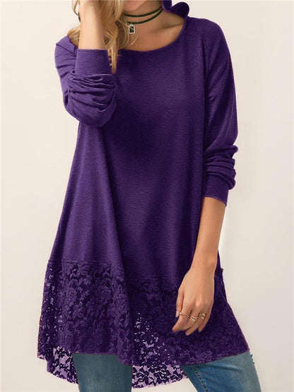 Women Pure Color Lace Patchwork Long Sleeve T-shirt With Hood