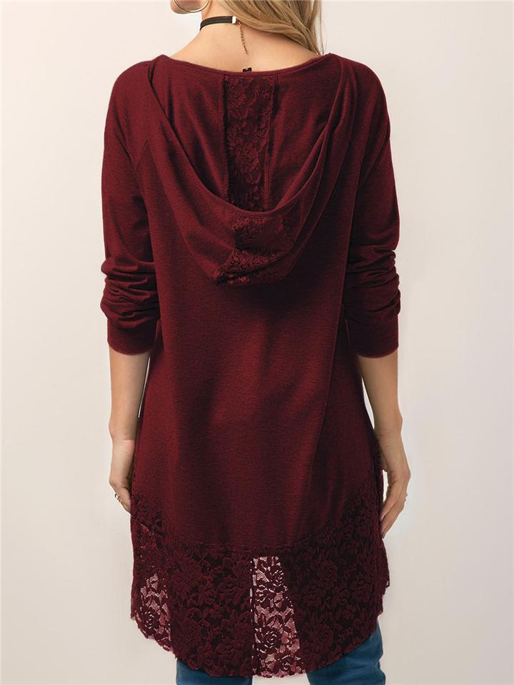 Women Pure Color Lace Patchwork Long Sleeve T-shirt With Hood